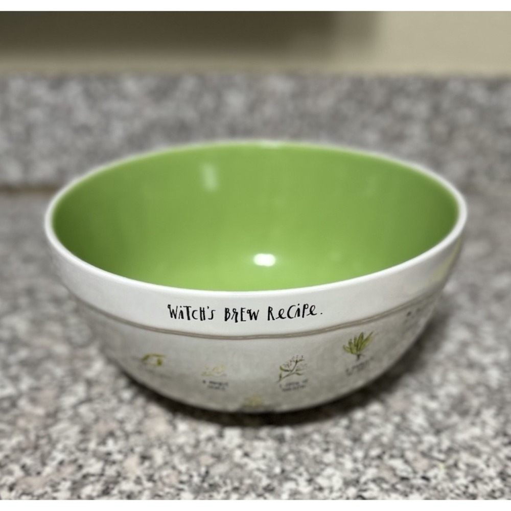 Rae Dunn Witch's Brew Recipe Ceramic Mixing Bowl, Halloween Decor, Rare Green